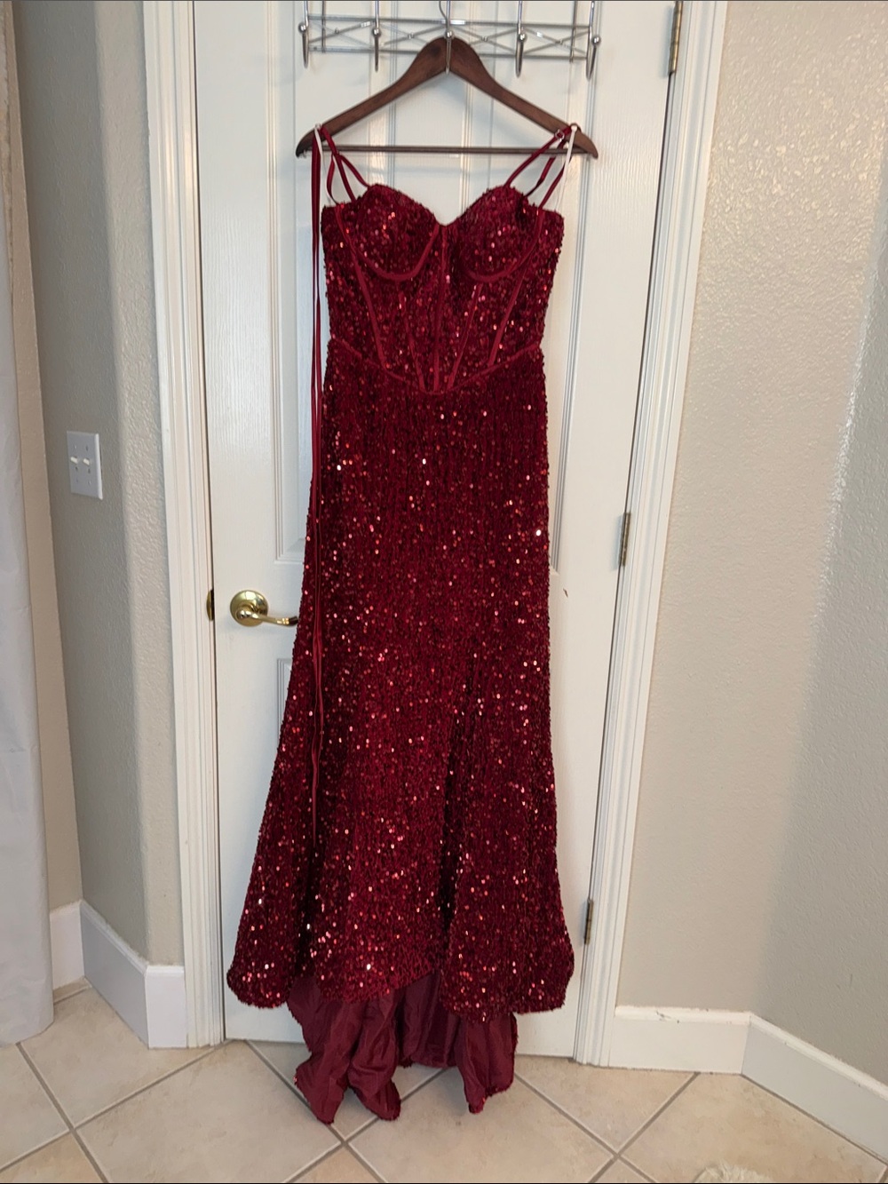 Sequin Bustier Evening Gown in Deep Red